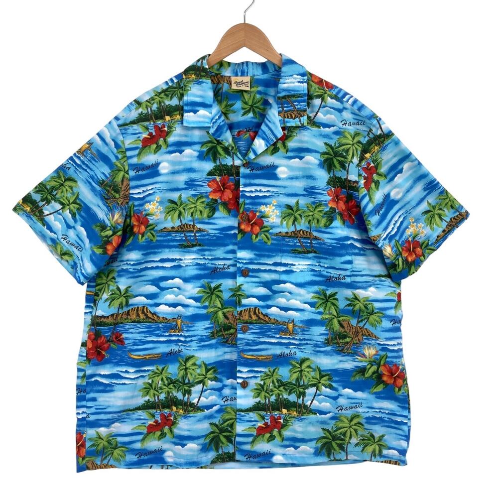 Royal Creations Hawaiian Aloha Shirt Mens 2XL Blue Palm Tree Collar Button Down